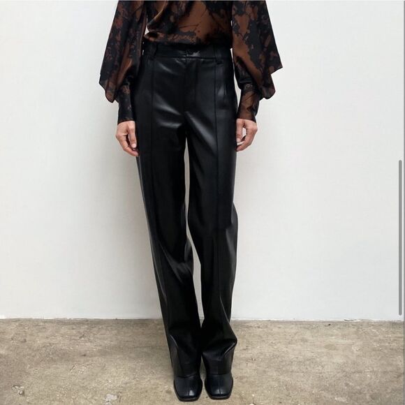 Zara Francoise Trouser Pants Black Faux Leather Straight Leg Full Length - Picture 4 of 8